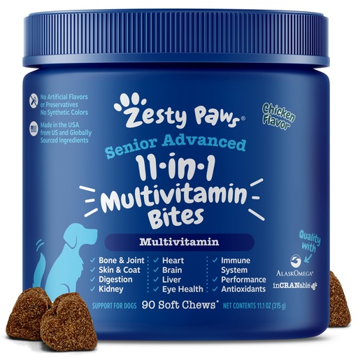 [BRSWG2YYAAIQAALL] Zesty Paws Senior Dog Multivitamin Treats - Glucosamine for Dogs + Digestive Enzymes & Probiotics - Grain Free Dog Vitamins and Supplements for Skin & Coat + Immune Health Chicken - Advanced - 90ct