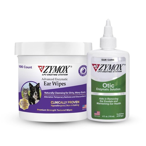 [BRSROBQ3OYNBYYIV] PET KING BRANDS ZYMOX Enzymatic Ear Wipes and Otic Solution Hydrocortisone Free for Dogs & Cats - Product Bundle - for Dirty, Waxy, Smelly Ears & to Soothe Infections, 100 Count Wipes & 4oz Bottle