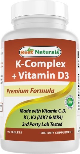 [BRSREGIHB4BAMHT4] Best Naturals K-Complex with K1 (Phytonadione 1500 mcg + K2 as Menaquinone 100 mcg + K2 as MK-4 1000 mcg) + D3 + VIT. C - 90 Tablets - Made in the USA