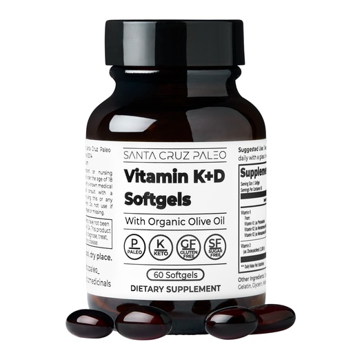 [BRSREAD7C4GQK2Y6] Santa Cruz Paleo Vitamin K2 + D3 Softgels, Daily Supplement with Organic Olive Oil, Includes Vitamin K1 & Two Forms of K2, Supports Heart & Bone Health, Gluten Free, Sugar Free, Paleo, Keto, 60 Count