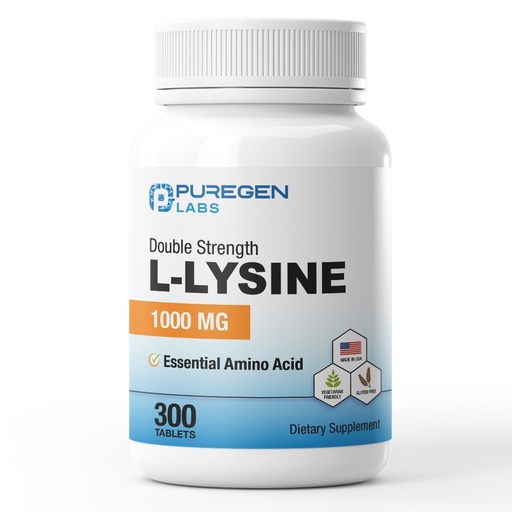 [BRSREHQEAEBRGCDF] Puregen Labs L-Lysine Extra Strength 1000 MG per Tablet - 300 Servings | High Potency, Immune and Collagen Synthesis Support, Non-GMO, NO Gluten and Dairy - 300 Tablets