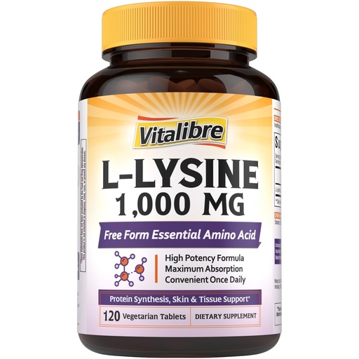 [BRSRAC36A4CBG3TH] Vitalibre L-Lysine 1000 mg, High Potency L-Lysine HCl, Free Form Essential Amino Acid, Protein & Collagen Synthesis, Immune Support, Maximum Absorption, Vegan, 120 Tablets