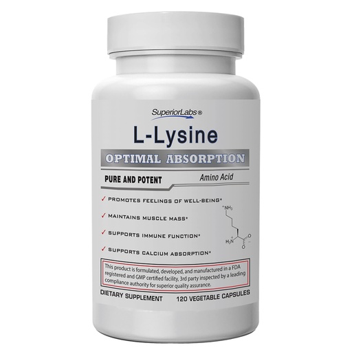 [BRSWIAD4BQEBQHDU] Superior Labs L-Lysine 500 mg Capsules, Pure Non-GMO, Third-Party Tested, No Fillers, Gluten Free, Supports Immune System, Promotes Calcium Absorption, 120 Caps