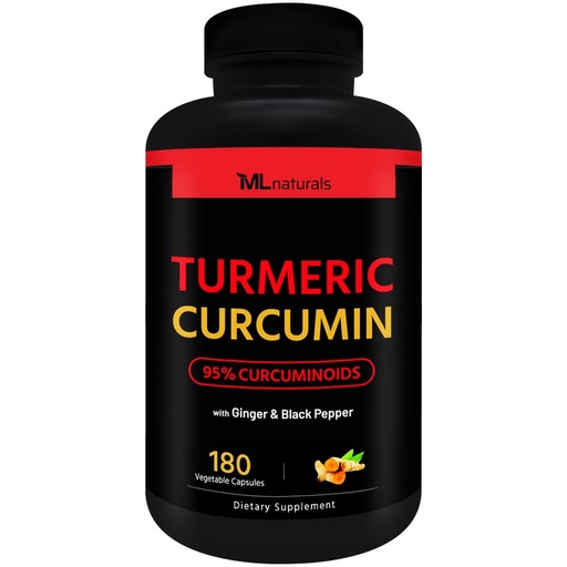 [BRSREGQ5PJYBS23G] ML Naturals Organic Turmeric Curcumin – 1,800mg, Root Extract 300mg - 120mg Organic Ginger & 15mg Black Pepper (Per Serving) - 180 Vegetable Capsules – Non-GMO