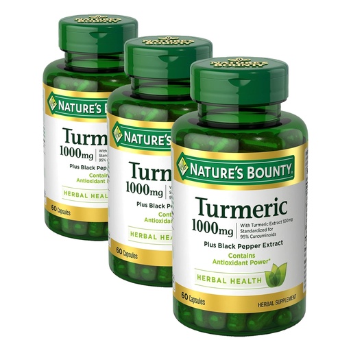 [BRSREBINOJYGC335] Nature's Bounty Turmeric with Black Pepper Extract,Supports Antioxidant Health,1000mg,60 Capsules,(Pack of 3)