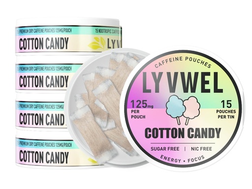 [BRSREHY5BAIQOF3B] LyvWel 125mg Caffeine Energy Pouches – Clean Energy with Guarana for Focus & Stamina – 5-Pack (75 Total Pouches) (5 Pack, Cotton Candy)