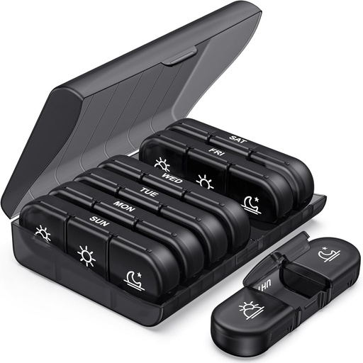 [BRSWYAIDO4JRYFLJ] PULIV Weekly Pill Organizer 3 φορές την ημέρα, Portable Travel Pill Box 7 Day with Large Pill Containers, Light-Proof Pill Case for Vitamins, Medication, Συμπληρώματα και ιχθυέλαια (Μαύρο)