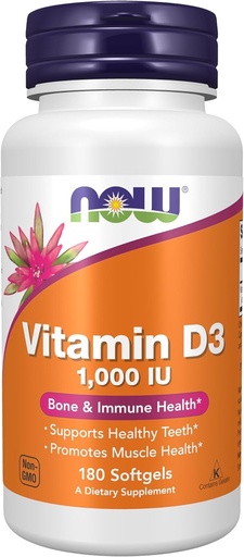 [BRSWIZYNBIMRUE3A] NOW Foods, Vitamin D-3, High Potency, 1,000 IU, 180 Softgels
