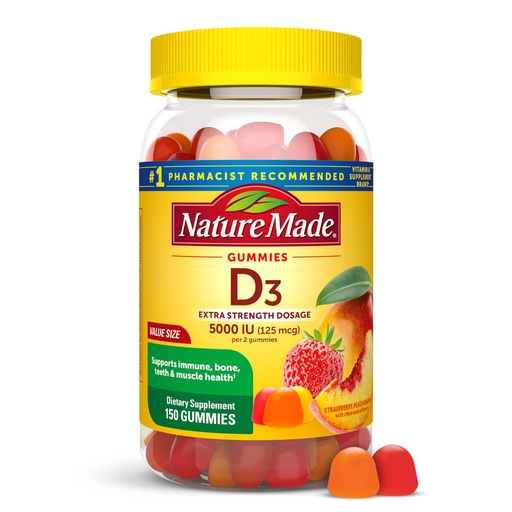 [BRSWGCYEPMCBODTD] Nature Made Vitamin D3 5000 IU Per Serving Gummies Extra Strength, Bone and Immune Health Support, 150 Vitamin D Gummies for Adults, 75 Day Supply