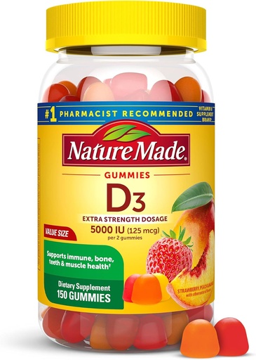 [BRSWGCYEPMCBODTD] Nature Made Vitamina D3 5000 UI Por Ser Gummies Extra Strength, Bone and Immune Health Support, 150 Vitamina D Gummies for Adults, 75 Day Supply