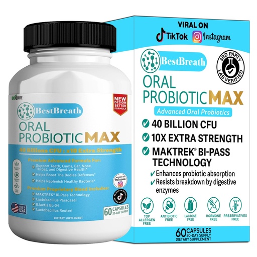 [BRSREZT5PN7A2CLA] BestBreath Oral Probiotic MAX - 40 Billion CFU - Support for Teeth, Gums, Ear, Nose, Throat & Digestive Health - 60 Capsules (1)