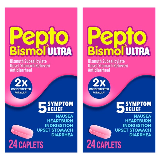 [BRSRM2YYB4GQOHL5] Pepto Bismol ULTRA Caplets, Upset Stomach Relief, Nausea Relief, Heartburn Relief, Indigestion Relief, Anti Diarrhea Medication for Adults - 5 Symptom Relief, 48 ct (2x24 ct)