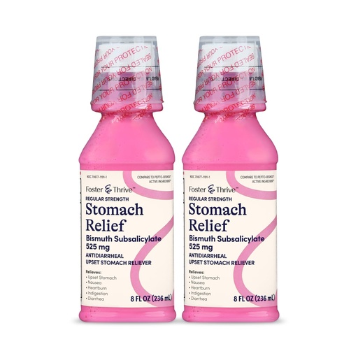 [BRSRAZT4DN7RG336] Foster & Thrive Stomach Relief Liquid for Nausea, Heartburn, Indigestion, Upset Stomach, Diarrhea - Fast Relief for 5 Symptoms, Antidiarrheal, Bismuth Subsalicylate 525 mg, Original, 8 oz (Pack of 2)