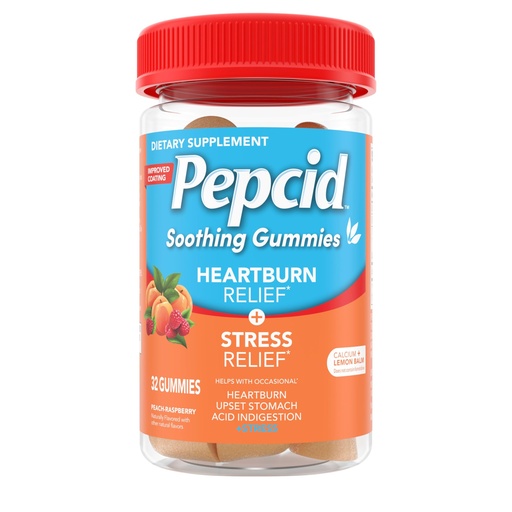 [BRSRABQCCIIBEH36] Pepcid Soothing Antacid Gummies, Heartburn Relief + Stress Relief for Occasional Heartburn, Upset Stomach, and Acid Indigestion, with Lemon Balm Extract, Tricalcium Phosphate, Peach-Raspberry, 32 ct