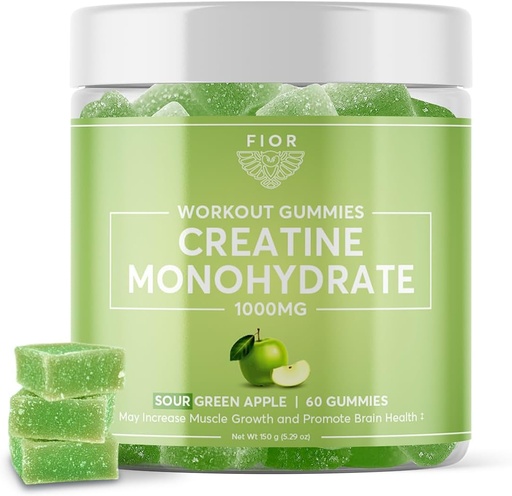 [BRSROFIECMMAOFD4] FIOR Creatine Gummy - Best Creatine Monohydrate Chewable, 60 Count, Workout & Protein Supplement, Cognitive Enhancement, Sour Green Apple Flavor, 30 Servings