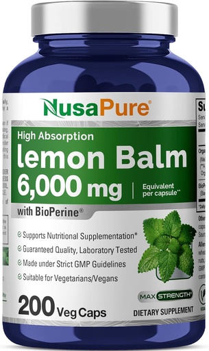 [BRSROGIFDF4AYC3D] NusaPure Lemon Balm 30:1 Extract, 200 mg Equivalent to 6000mg Per Vegan Caps - 200 Count Non-GMO, Vegan Bioperine