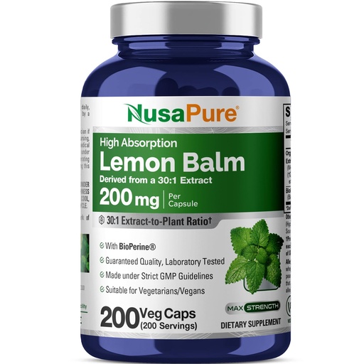 [BRSROGIFDF4AYC3D] NusaPure Lemon Balm Capsules, 200 mg, 200 Veg Capsules (Non-GMO, Vegan)