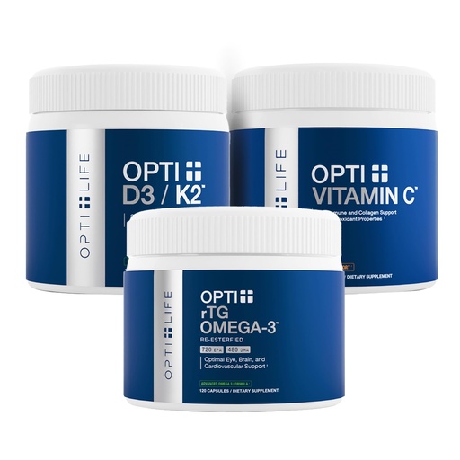 [BRSRGCTQBYAWMD33] Opti+ Bone & Joint Health Bundle - Vitamin D3 K2, rTG Omega-3 & Vitamin C Supplement Kit | Supports Bone Density, Joint Wellness & Collagen Production* | 3-Product Daily Support Pack
