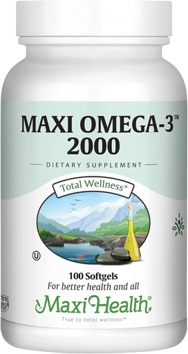 [BRSWIYAKCUOQ2YLC] Maxi Health Omega 3 Fish Oil 2000mg – Fish Oil Omega 3 Supplements with No Fishy Aftertaste – Triple Strength EPA DHA – Kosher Omega3 Supplement to Help Support Overall Wellness (100 Softgels)