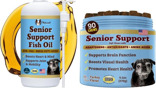 [BRSREFD4AEOW2EY3] Natural Dog Company Senior Dog Bundle – Omega 3 Fish Oil Liquid 16oz & Senior Wellness Chews 90ct – Support Mobility, Brain, Heart & Eye Health with Turmeric, Salmon, Lion’s Mane & Omega-3s