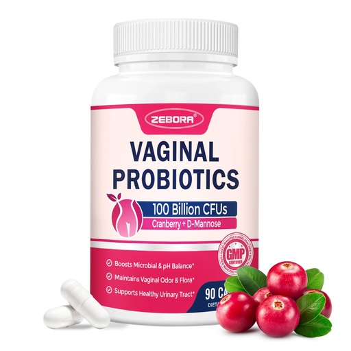 [BRSRAHA2CQHR633L] ZEBORA Vaginal Probiotics for Women 100 Billion CFUs, Probiotic for Digestive Health & Vaginal pH Balance & Urinary Tract Health, with Organic Cranberry & Prebiotics, 90 Veggie Capsules