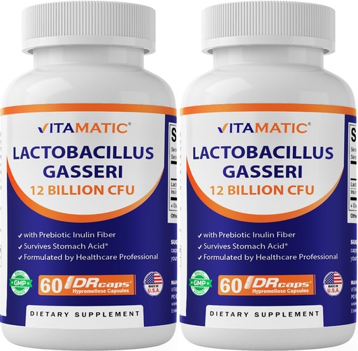 [BRSREFAYAB7AKA3K] Vitamatic Lactobacillus Gasseri - 12 Billion per DR Capsule - 60 Count - Digestive Support - Made with Prebiotic Inulin Fiber- 2 Pack
