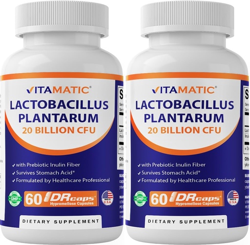 [BRSREFAYCNYAYCLB] Vitamatic Lactobacillus Plantarum - 20 Billion per DR Capsule - 60 Count - Digestive Support - Made with Prebiotic Inulin Fiber-2 Pack