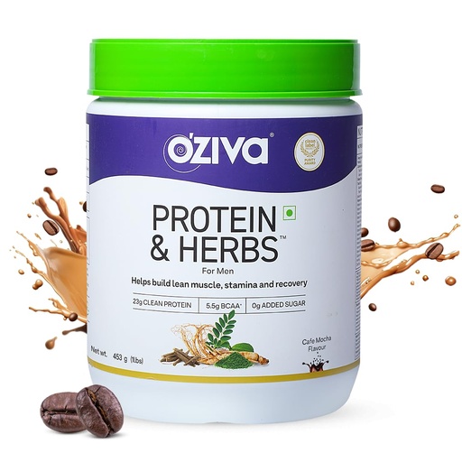 [BRSWGZQ5BMDRUDT4] OZiva Protein & Herbs for Men, No Added Sugar, Green Tea, Cafe Mocha, 453g
