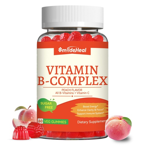 [BRSRECA3O4HBOGT6] Vitamin B Complex Gummies for Women & Men - Vitamin B12, B1, B2, B3, B5, B6, B7 & B9 - B Complex with Vitamin C & Choline - Energy & Immune Support* - Vegan, Sugar Free, Peach Flavor - 60 Gummies
