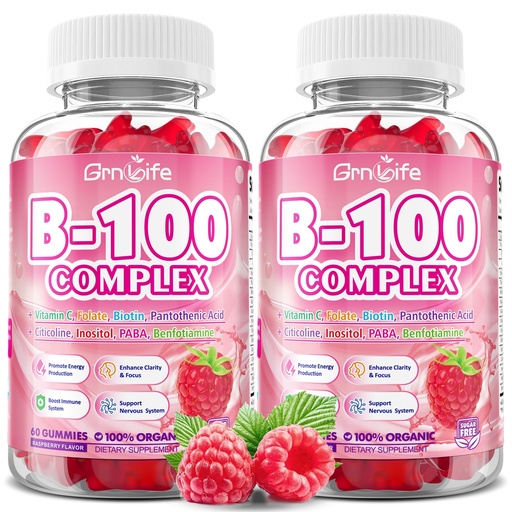 [BRSRE2Q7OJ4AE335] 2 Pack Vitamin B Complex Gummies, All B Vitamins + Methyl B12, B1, B2, B3, B5, B6, Biotin, Methylfolate, Vitamin C, Choline, Inositol, PABA for Energy & Immune Support, Raspberry, 120 Count