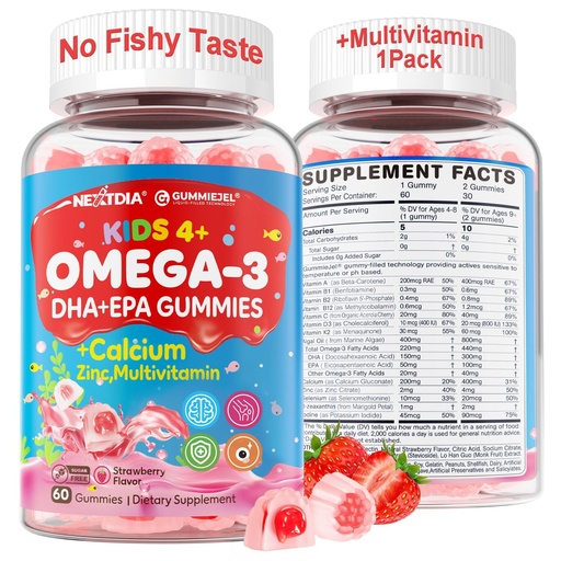 [BRSRE23ROYIWYCAY] Nextdia Omega 3 (EPA/DHA) Filled Gummies for Kids Teen with Multivitamin, Calcium + D3 + K2 + Zinc, Plus Vitamin A B1 B2 B12 C, Selenium, Iodine for Brain, Eye, Bone, Energy, No Fish Taste, Sugar Free