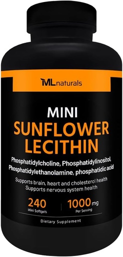 [BRSRAZD2B4PAIELK] ML Naturals Mini Sunflower Lecithin 240 Softgels. Phosphatidylcholine, Phosphatidylinositol, Phosphatidylthanolamine, Phosphatidic Acid, NSF-Certified & cGMP-Compliant