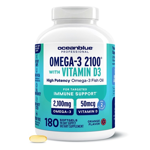 [BRSW2EAOOADWMETD] Oceanblue Professional Fish Oil with Vitamin D3 | Triple Strength 2100mg Omega-3 DPA EPA DHA | Wild Caught | Burpless Orange Flavor | 180 Softgel Capsules