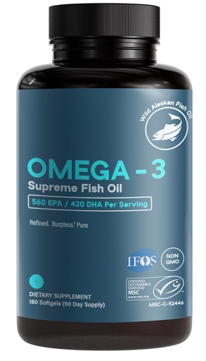 [BRSWIAD4OUAAY33M] Omega-3 Supreme 1400 mg Wild Alaskan Fish Oil | Enteric Coated, Burpless | MSC Certified High EPA DHA, Improved Absorption & Heavy Metal Tested (3 Mo Supply,180 Softgels)