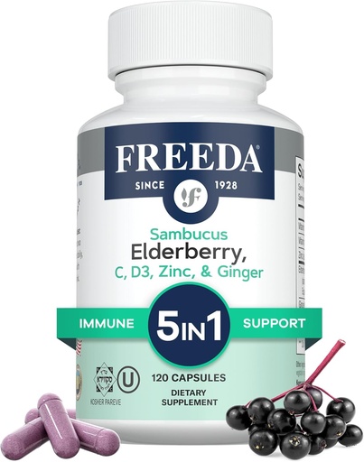 [BRSRAAQRDJ7RYFY6] FREEDA Sambucus Elderberry med vitamin C, sink, vitamin D3 & Ginger - 5 i 1 Herbal Antioksidant Immun støtte Supplement for kvinner og menn - Glutenfri voksen eldrebær kapsler, USA laget (120 count)