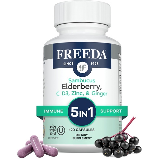 [BRSRAAQRDJ7RYFY6] FREEDA Sambucus Elderberry with Vitamin C, Zinc, Vitamin D3 & Ginger - 5 in 1 Herbal Antioxidant Immune Support Supplement for Women & Men - Gluten Free Adult Elderberry Capsules, USA Made (120 Count)