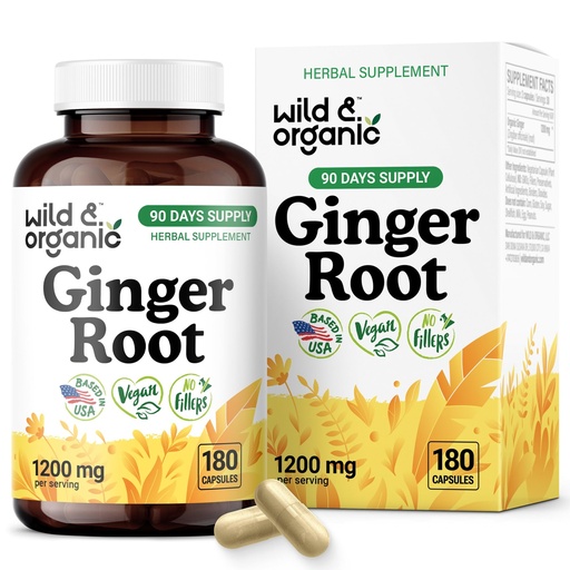 [BRSRAHA3BBYBG23V] Wild & Organic Ginger Root Capsules 1200 mg - Immune & Digestive Support - Ginger Root Supplement - Zingiber Officinale Powder - 90 Days of Supply - Vegan, No Fillers, Non-GMO - 180 Count