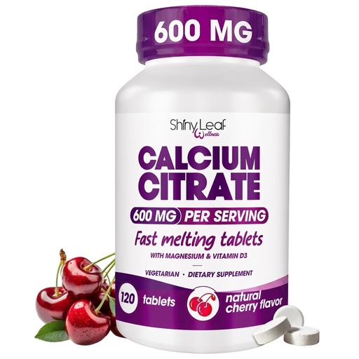 [BRSREFQCAAAWADIU] Shiny Leaf Bariatric Calcium Citrate 600mg with Magnesium & Vitamin D3, Cherry Flavor Fast Dissolve Tablets, High Absorption Calcium Supplement, Non-Chalky Alternative to Chewable Gummies, Pack of 1