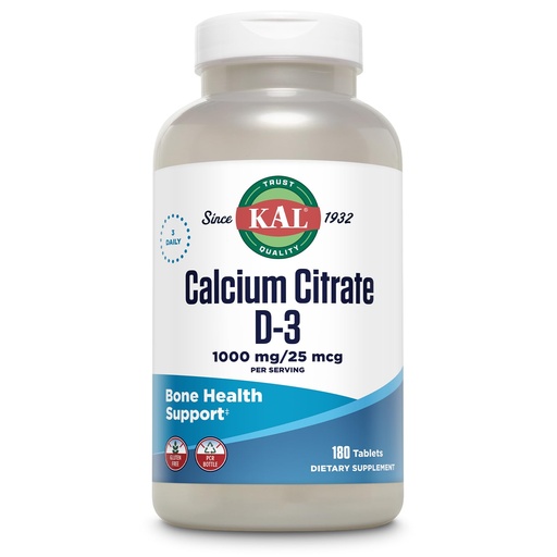 [BRSWIYQTOIFBC2DO] KAL Calcium Citrate Supplement with Vitamin D3 - 1000 IU Vitamin D3, Healthy Bone & Muscle Function Support for Men and Women, Quick Dissolving Tablets - 180 Count Tablets