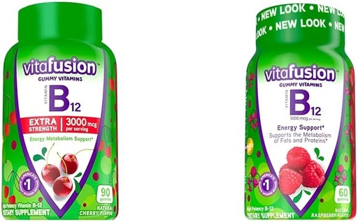 [BRSRAYYYCAMAMFY3] Vitafusion Vitamin B12 Gummy Vitamins for Energy Metabolism Support, Cherry and Raspberry Flavored, America’s Number 1 Brand, 90 and 60 Count