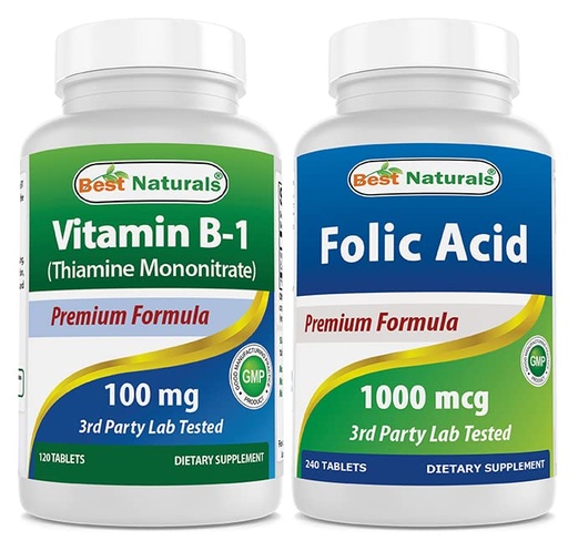 [BRSRMBAZA4FWOG3V] Best Naturals Vitamin B1 as Thiamine Mononitrate 100 mg & Folic Acid 1000 mcg