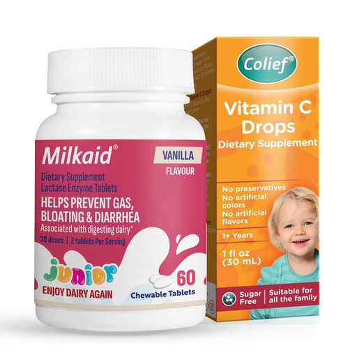 [BRSRGHYCCN5BA2T4] Milkaid Junior Lactase Enzyme Tablets Vanilla 60 Chewables + Colief Vitamin C Drops 30ml – Kids Digestive Support & Immune Health Bundle (Ages 1+)