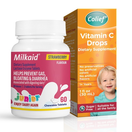 [BRSRGGA2CF6A23YV] Milkaid Junior Lactase Enzyme Tablets Strawberry 60 Chewables + Colief Vitamin C Drops 30ml – Kids Digestive Support & Immune Health Bundle (Ages 1+)