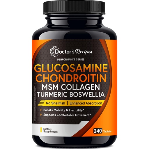 [BRSRAHQCOYOR4CTK] Doctor's Recipes Glucosamine Chondroitin MSM Turmeric Quercetin, Movement Support Supplement for Men & Women, with Black Pepper for High Absorption, Mobility & Flexibility, No Shellfish, 240 Tablets