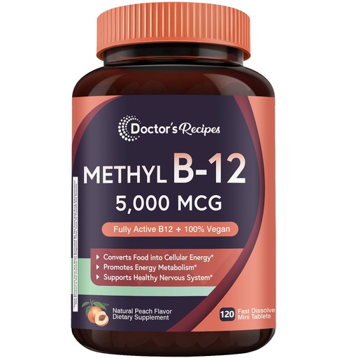 [BRSRAAT5BF6GECTV] Doctor's Recipes Vitamin B12 Sublingual, Methylcobalamin 5000 mcg 120 Fast Dissolve Tablets, Natural Peach Flavor, Vegan Methyl, Energy Metabolism & Nervous System
