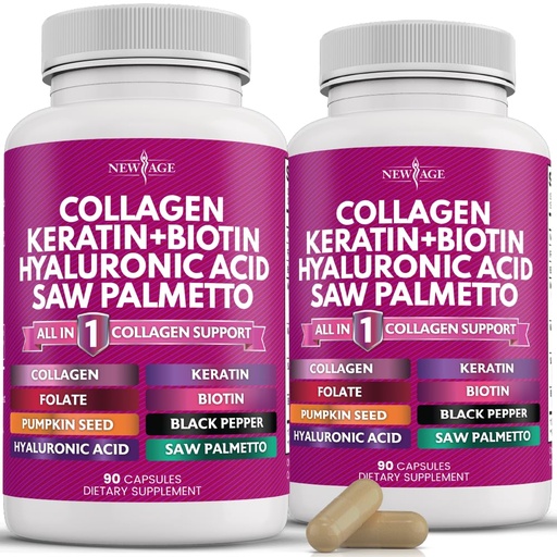 [BRSROHQ5OECWYD3L] NEW AGE Collagen Pills Biotin Keratin Saw Palmetto Hyaluronic Acid - Vitamin E Folic Acid Pumpkin Seed MSM - 90 Count (Pack of 2)