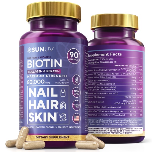[BRSRE23RDJ6WY3Y7] SUNUV Biotin 10,000mcg | Collagen | Keratin | Hyaluronic Acid - 80,000mcg Hair Growth Vitamins for Hair Skin & Nails Support - Women & Men - Vitamins B1,B2,B3,B5,B6,B9,B12 -Made in USA-90 Capsules