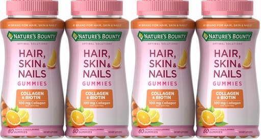 [BRSRGGQKBADQ4ALH] Nature's Bounty Hair, Skin & Nails with Biotin and Collagen, Citrus-Flavored Gummies Vitamin Supplement, Supports Hair, Skin, and Nail Health for Women, 2500 mcg, 80 Ct (Pack of 4)