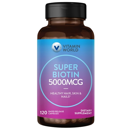[BRSWGEDYAQMR4FDA] Vitamin World Super Biotin 5000 mcg. 120 Capsules, B Vitamin, Hair, Skin and Nails, Rapid-Release, Gluten Free