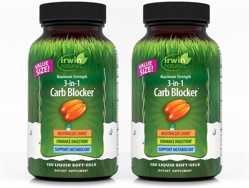 [BRSWY2QKOIBAY3TO] Irwin Naturals Maximum Strength 3-in-1 Carb Blocker - Neutralize Carbohydrates, Aids Digestion and Metabolism Booster - White Kidney Bean Extract + Chromium + Enzyme Blend - 150 Soft-Gels - 2 Pack